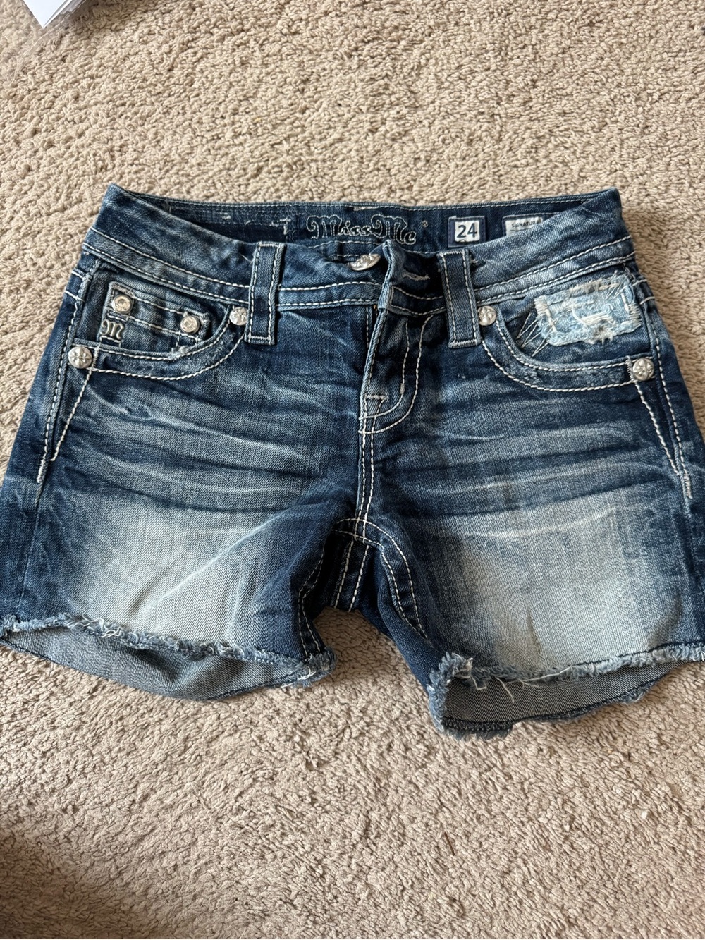Miss Me Distressed Dark Blue Denim Cutoff Shorts- Size 24